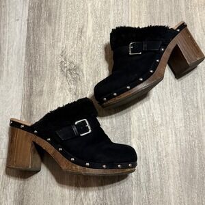 UNIONBAY Black Suede Fur Trimmed Clog Heeled Mules Women Size 8 Stud Wood Heel